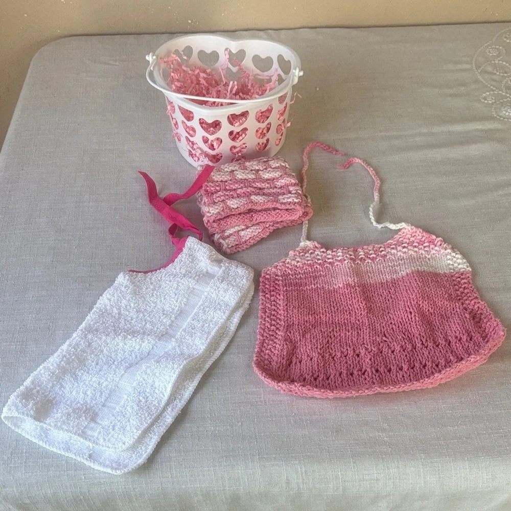 Handmade Bibs & Baby Washcloth in Heart Basket